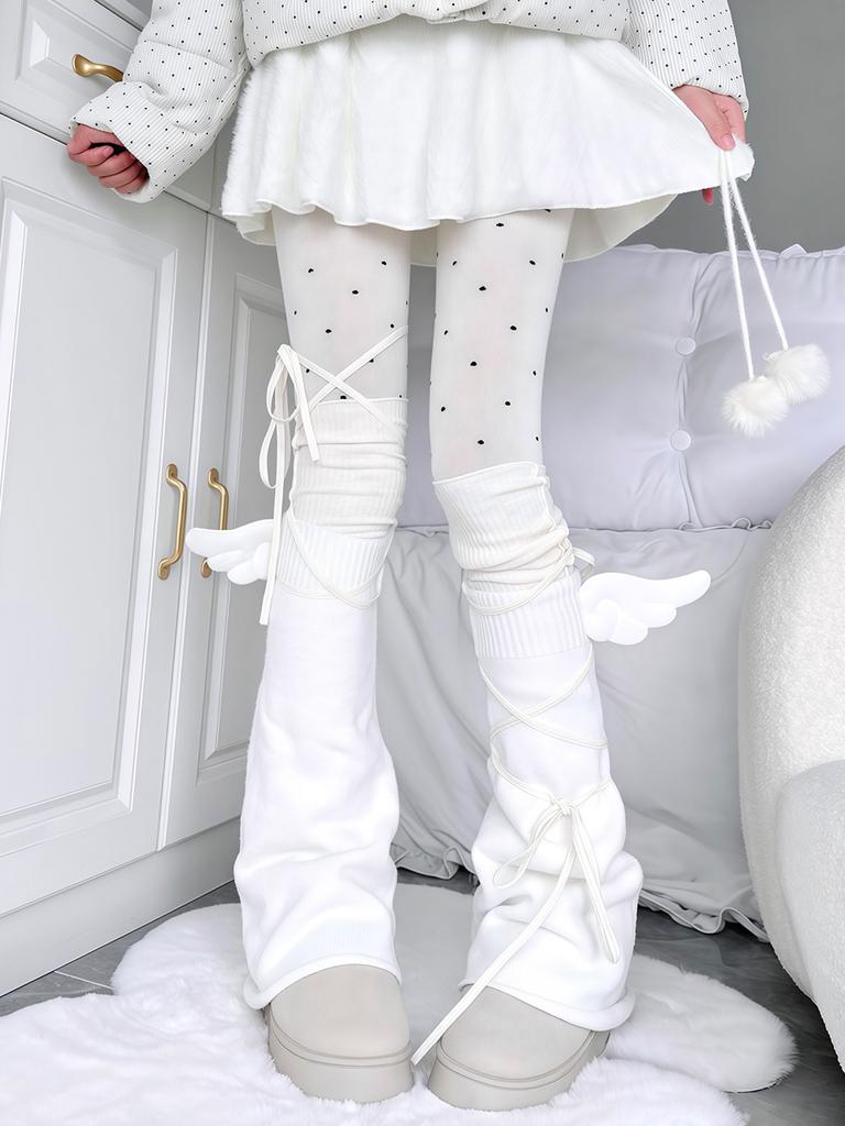 Subculture Pure White Wings Horn Leg Cover Japanese Harajuku Stacked Over Knee Socks Autumn and Winter Personalized Strap Socks