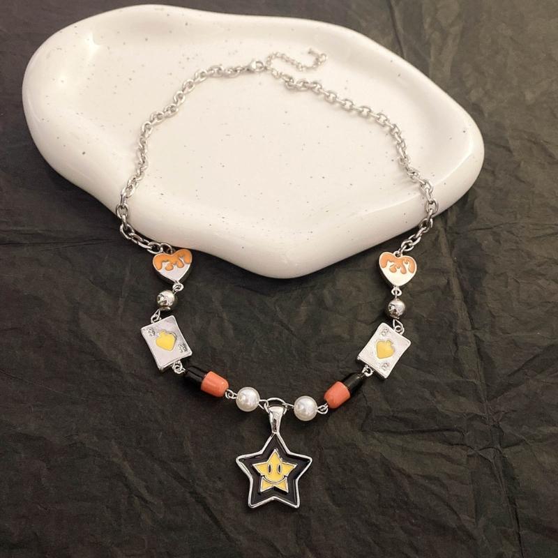 Y2K Heart Star Bead Pendant Necklace for Women Fashion Egirl Punk Grunge Clavicle Chain Fashion Valentines Day Gifts