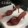 Heeled Footwear Female Slides Women Slippers Fashion Wine red Breathable Mesh Round Toe Thin Heels Sandals Pumps Shoes