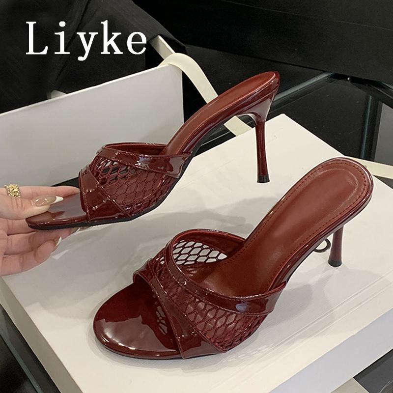 Heeled Footwear Female Slides Women Slippers Fashion Wine red Breathable Mesh Round Toe Thin Heels Sandals Pumps Shoes