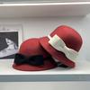 New% Wool Bucket Hat Women's Autumn and Winter Retro Contrasting Color Bow Top Hat French Fashion Temperament Basin Hat