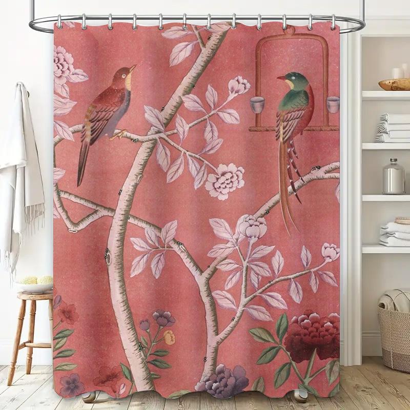 Vintage Bird Bathing Shower Curtain Decorative Home Decoration Pink Floral Design Bathroom Linen 72X84