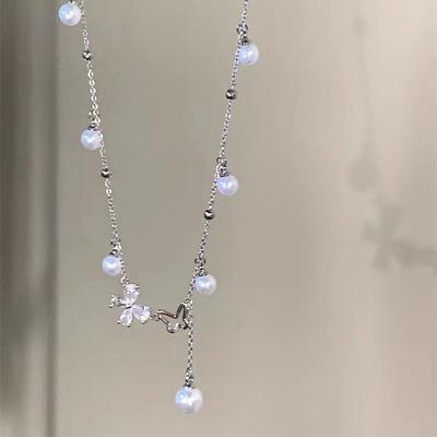 Hollow Butterfly Fringed Necklace Light Luxury Niche Design Pearl Clavicle Chain Temperament Titanium Steel Neck Chain