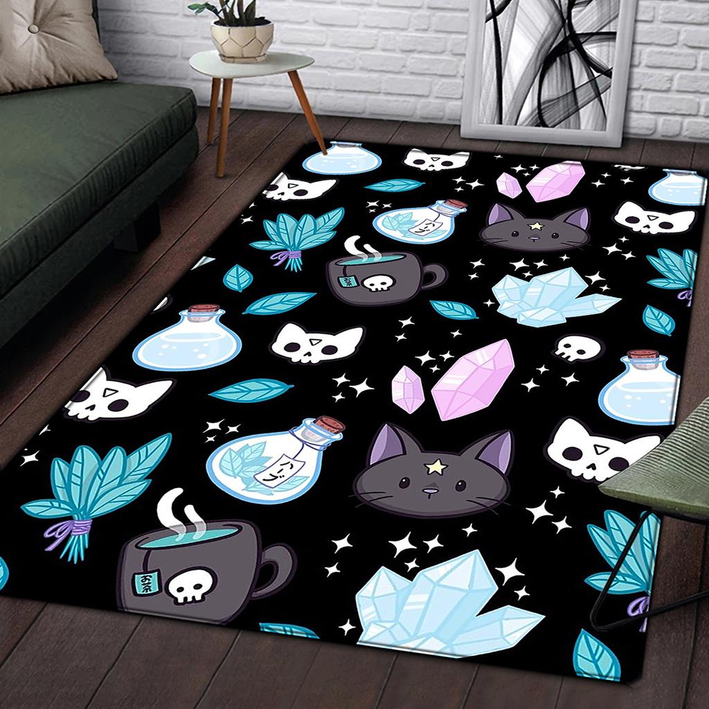 Charming Skull Cat Halloween Floor Mat - Machine Washable Polyester Rug for Living Room & Bedroom Decor