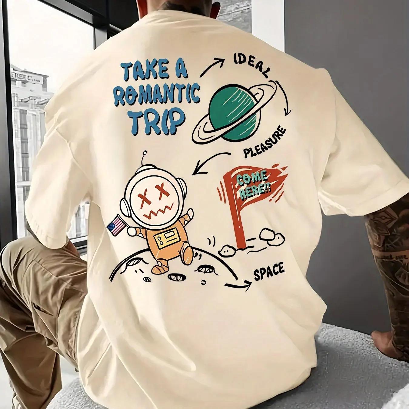 

2025 Summer Men s fashion 100% cotton short sleeve T-shirt Romantic space theme printed casual loose T-shirt 4XL