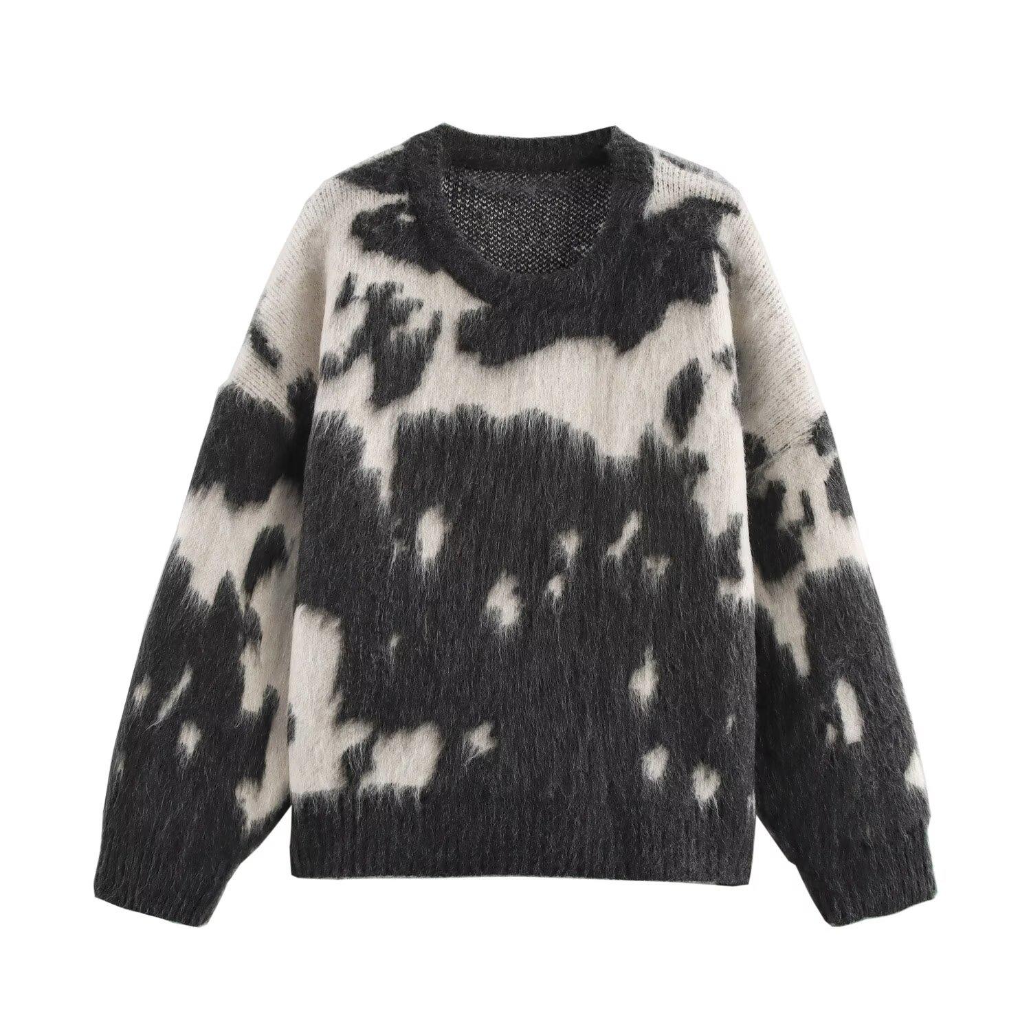 

Зимний женский свитер из мохера в европейском и американском стиле, черно-белый тай-дай One Size