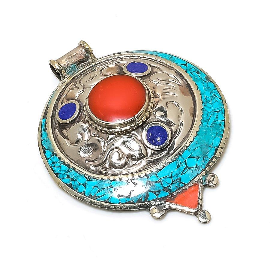 

Natural Tibetan Turquoise, Coral Gemstone Handmade Jewelry Pendant 2.80 W5V37