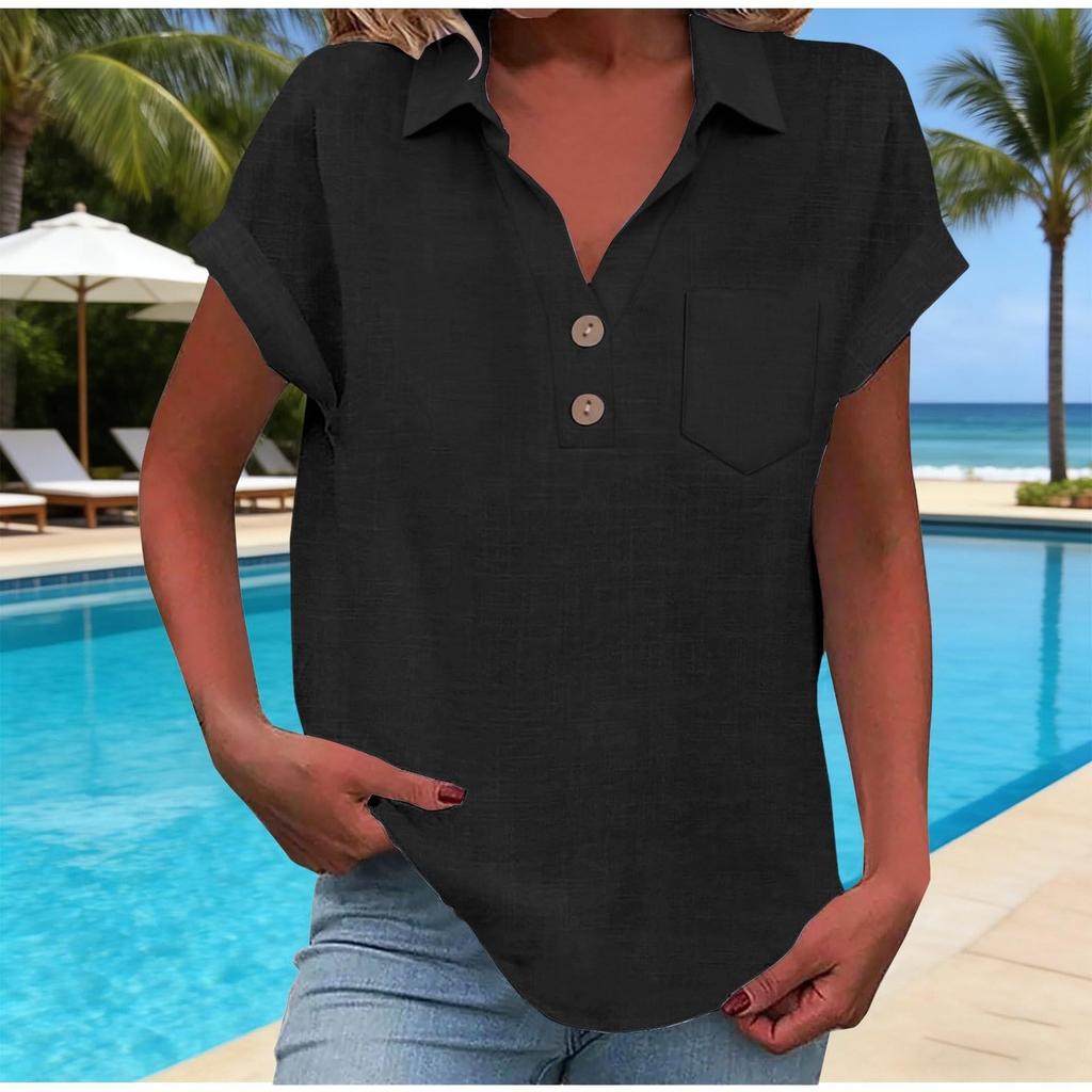 Women's Fashion Casual -Colour Buttoned Pocket Collared Short-Sleeved Shirt T-Shirt Top
