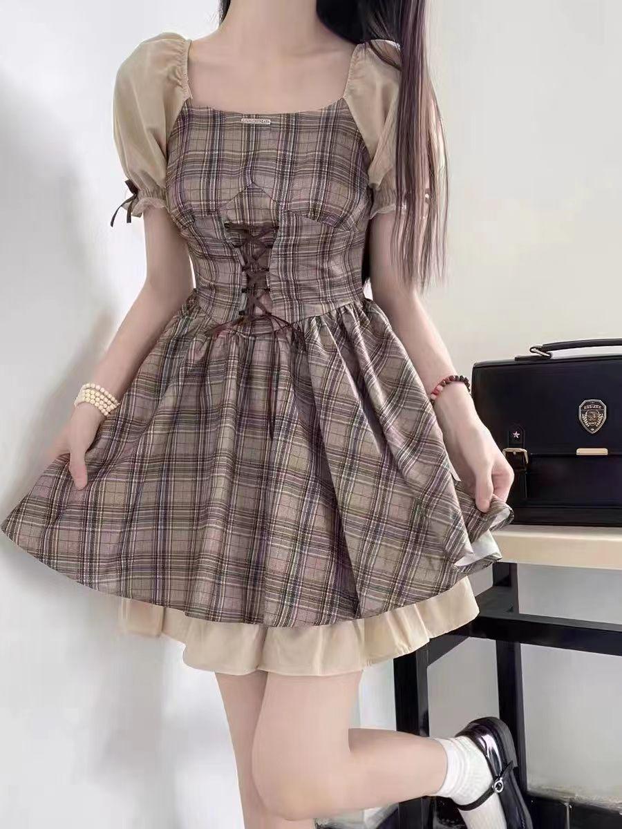 Women s Summer College Style Slimming Dress - Square Neck, High-Waisted, Small Fresh, Sweet Short Skirt Extra Large