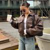 2026 Autumn/Winter European Retro Brown Faux Leather Women's Motorcycle Jacket with Lapel.