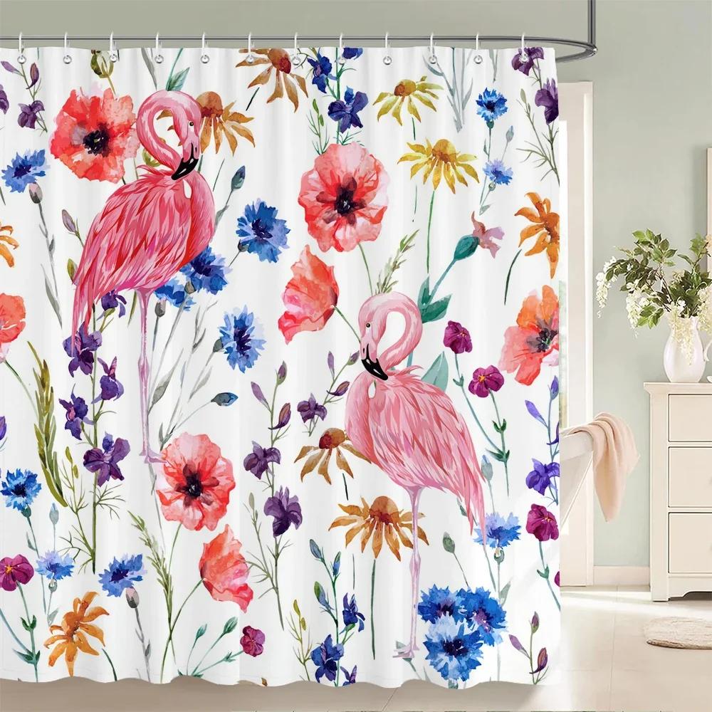 Nordic style Flower Leaf Plant Printed Fabric Shower Curtains Floral Bath Screen Waterproof Products Bathroom Decor with Hooks