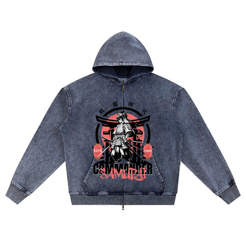 DTG Print Knitted Denim Zip-Up Hoodie Commander Samurai Brother Print Zipper Hoodies