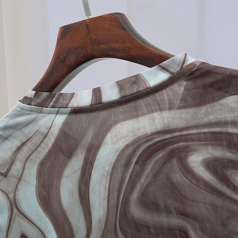 Women's Printed Mesh Long Sleeve Round Neck Top