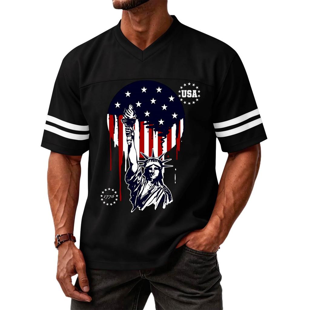 Men's Casual V Neck Short Sleeve Sports T Shirt Independence Day Printed Graphic Tee USA Lettering Athletic Top
