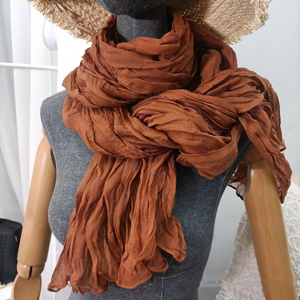 Solid-color Cotton And Linen Scarf - Vintage Fall And Winter , Pleated Silk Scarf