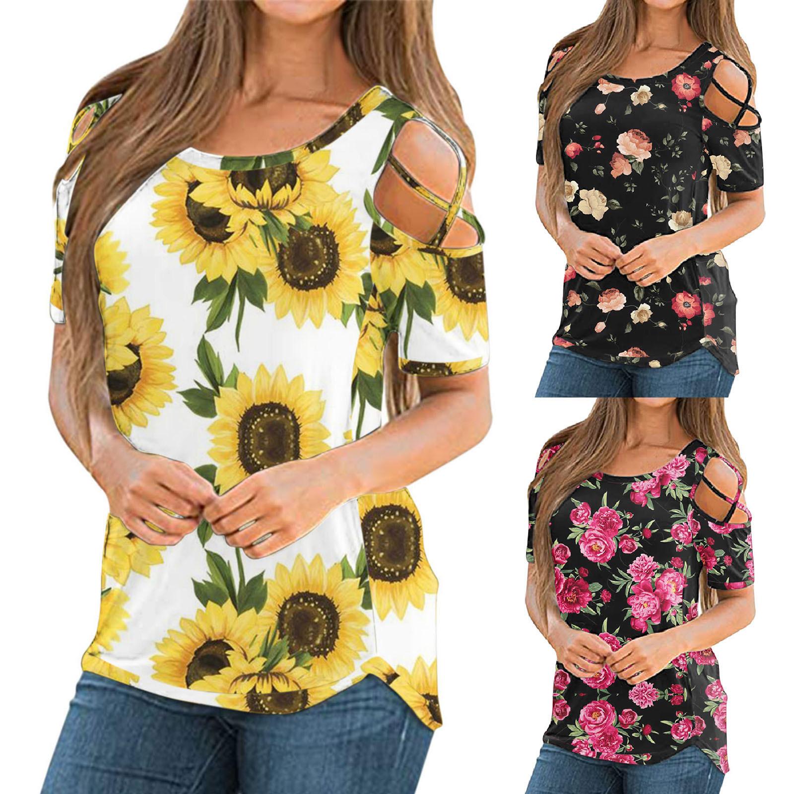 

Women Floral Printe Short Sleeve Strappy Cold Shoulder T-Shirt Tops Blouses