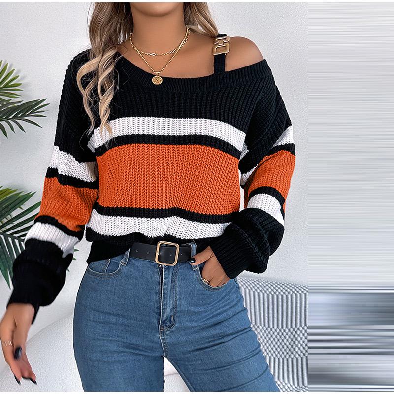 Сексуальный полосатый трикотажный пуловер с вырезом-лодочкой — фото 5