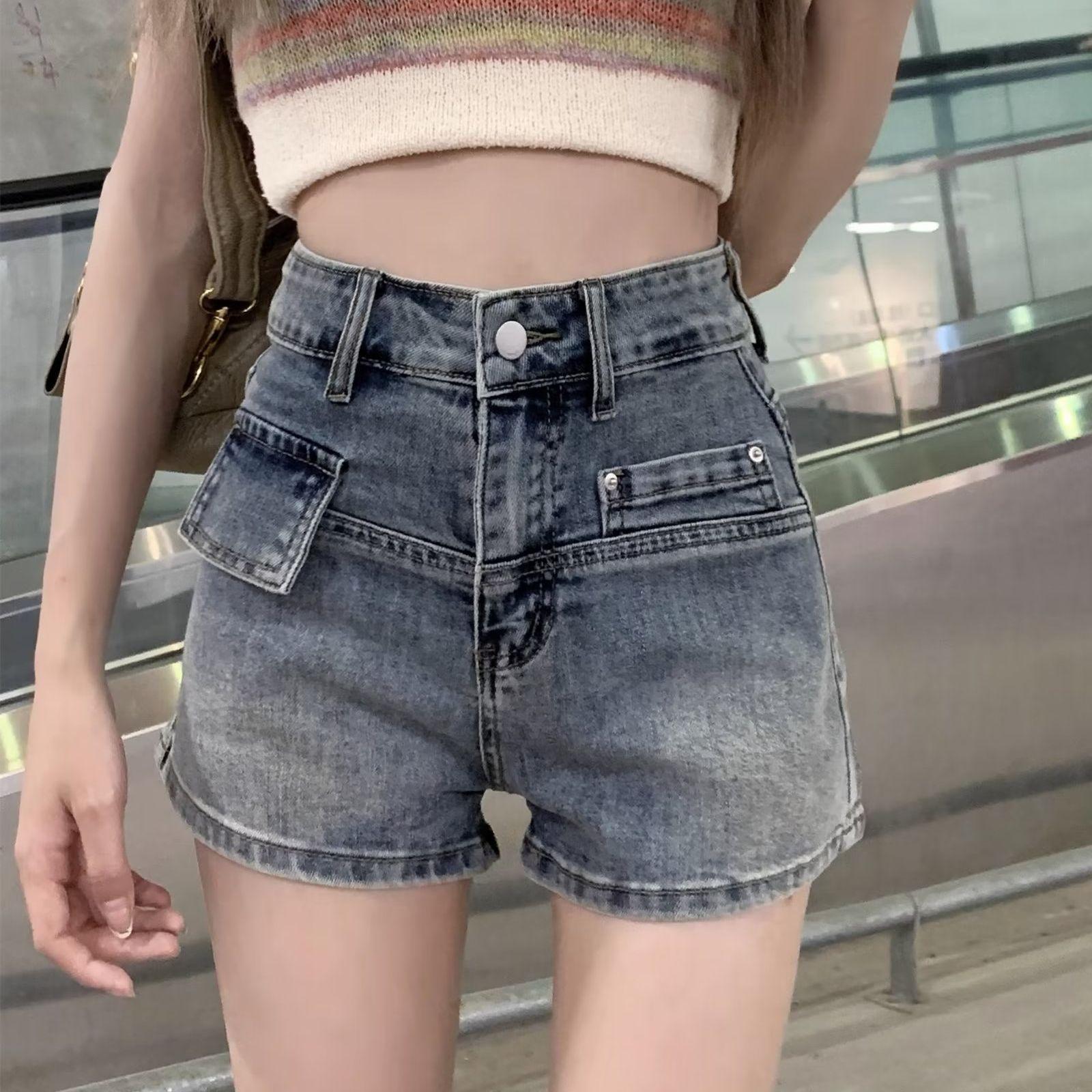 

Spice girl retro denim shorts women s American new ins trendy high waist thin a word small straight wide leg pants 2XL синій