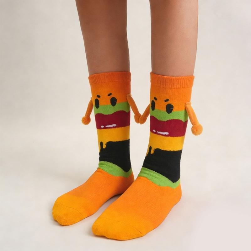 Magnetic Hand Holding Middle Calf Socks Funny Cartoon Food Themed Hamburger Hot Dogs Print Crazy Design Socks for Women