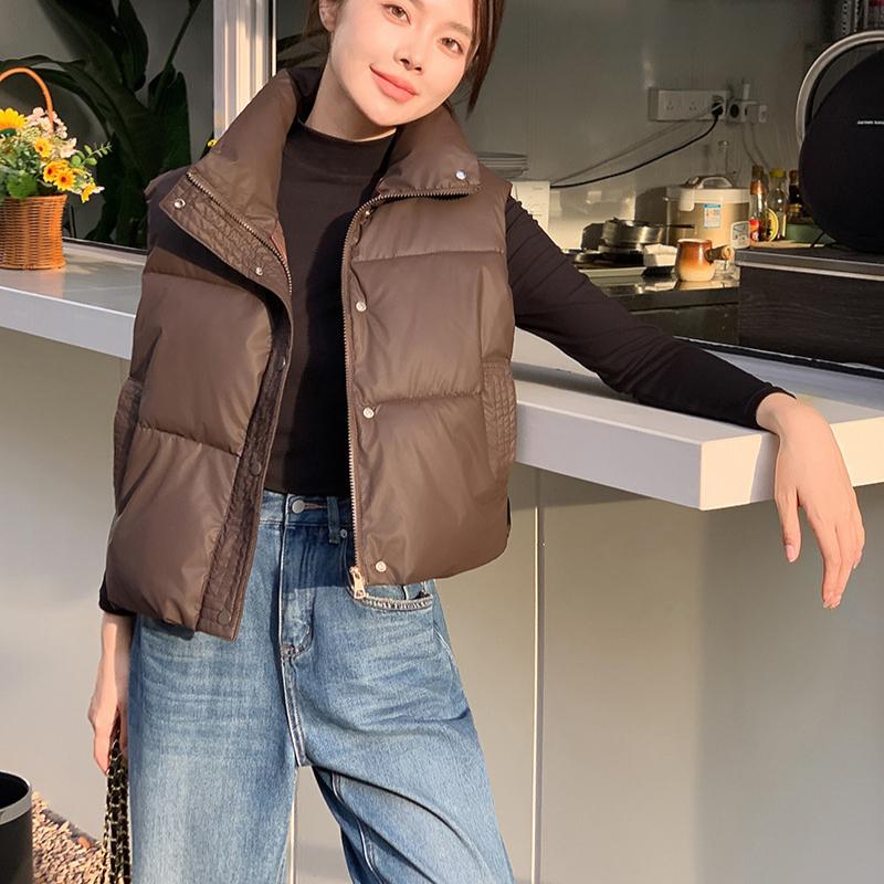 

Осень Зима Однотонный Жилет из Короткого Пуха с Хлопком на Молнии со Стойкой Воротником Приталенный Верхняя Одежда Студенческая Жилетка Куртка 2XL темно-коричневого