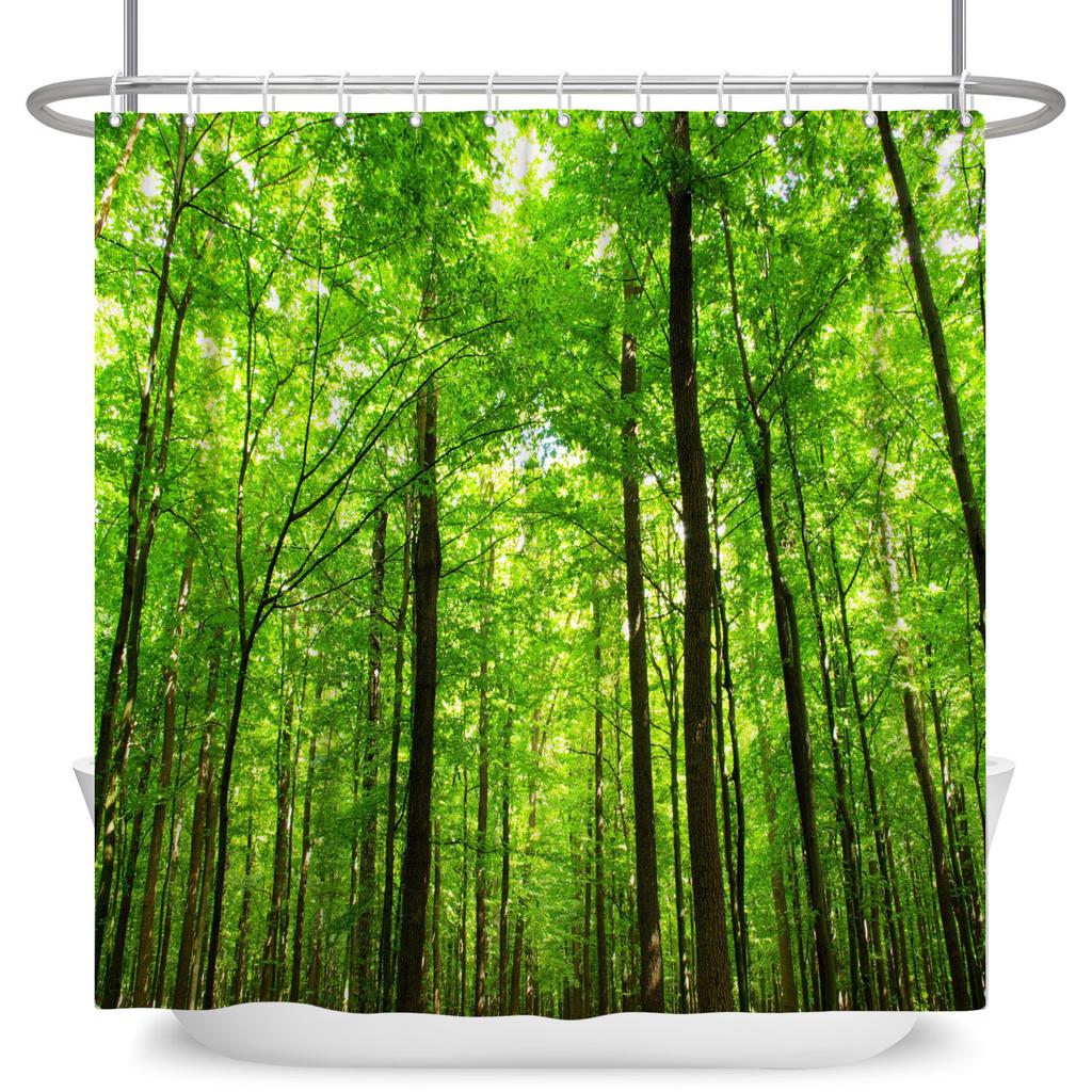 Garden Path Shower Curtain with 12 Hooks Realistic Forest Landscape Butterflies Waterproof Polyester Bathtub Bathroom Curtain