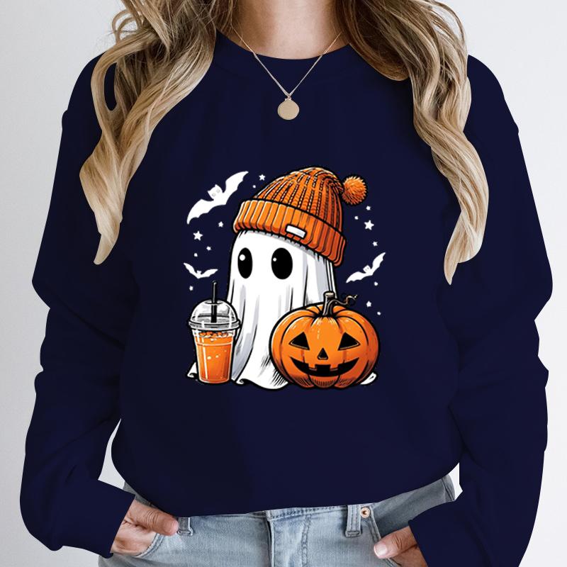 Women Fashion Creative Halloween Ghost Pumpkin Bat Print Pullovers Ladies Long Sleeves Halloween Hoodeless Sweatshirts