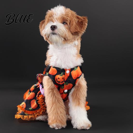 Autumn Pet Clothing Halloween Pumpkin Dog Dress Black Lace Neck Outfit Ruffled Comfortable Apparel Festive Party Costume