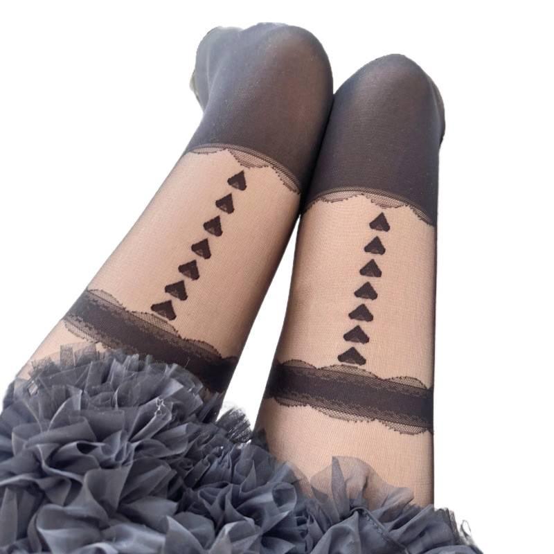 Japanese Lolita Heart-Trim Lace Tights - Black Silk Stripe Socks for Women, Spring/Summer