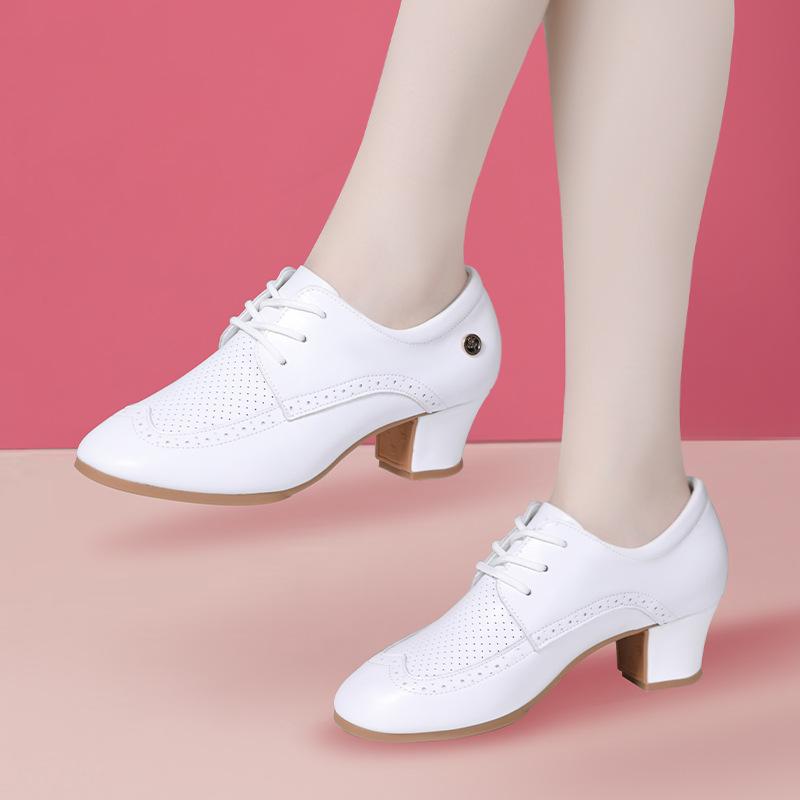 3.5cm 5.5cm Comfortable Breathable Genuine Leather Shoes Women Oxfords Spring 2025 Med Block Heels Shoes White for dance Mom