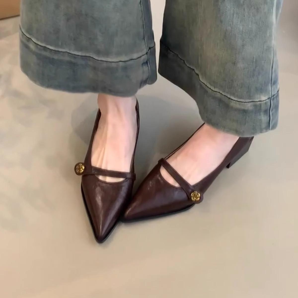 

New Style Women s Vintage Low-heeled Women s Shoes Summer Golden Buckle Pointed-toe Comfortable Small Leather Shoes 40 коричневый