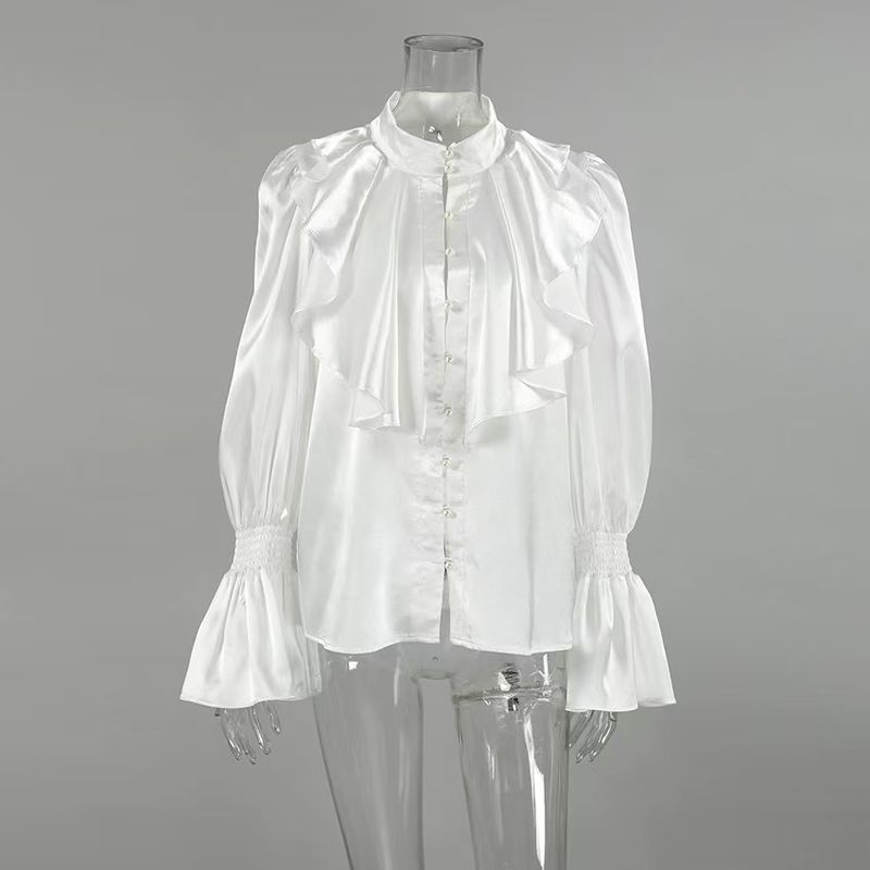 

Fashion Style Ruffles Stand Collar Single-Breasted Shirt Bell Sleeve Loose Tops Flared Sleeve Shirt White S