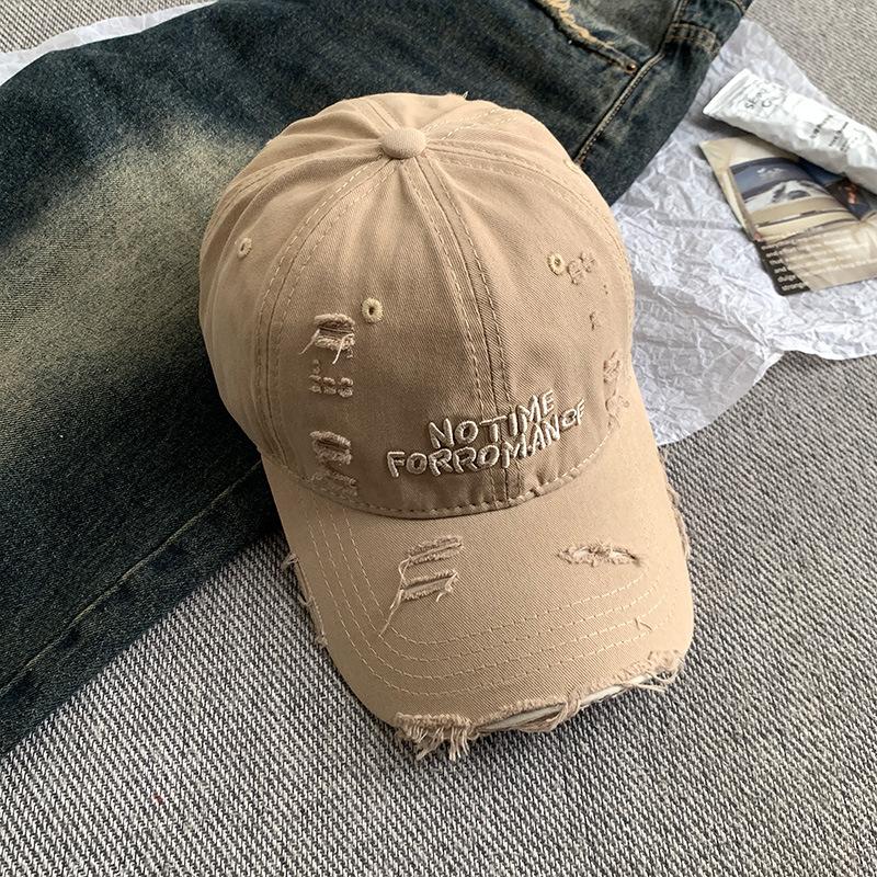 Ripped Beige Letter Baseball Cap, Wide Brim, Big Face, Small Female Cap, Big Head Circumference Hat.