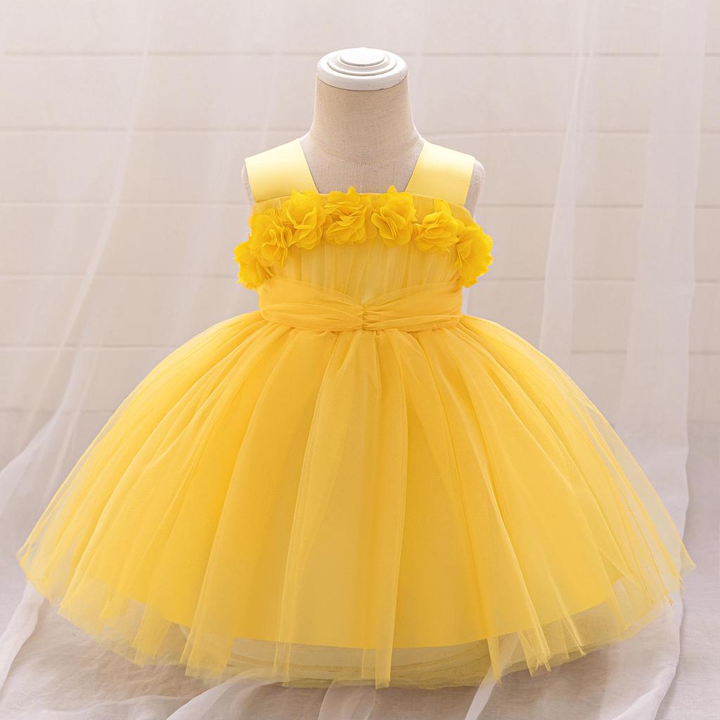 2024 Girls' Princess Dress with 3D Floral Mesh - Perfect for First Birthday