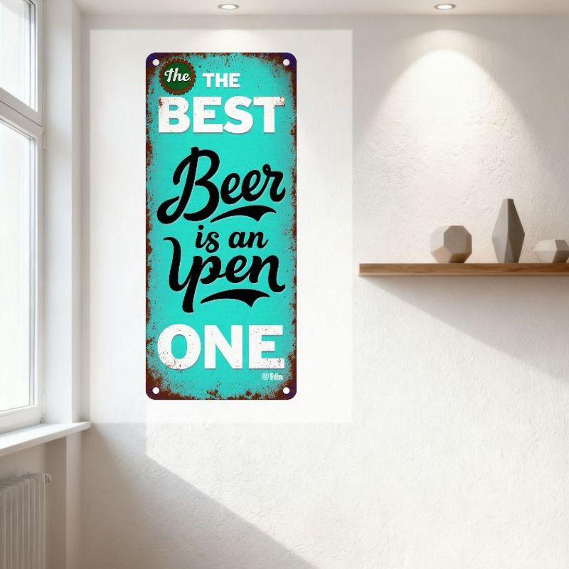 Vintage Rusty Metal Tin Sign Turquoise Background 'The Beer is an Open ONE' Retro Pub Bar Decor with Rivets for Home Man Cave Wa