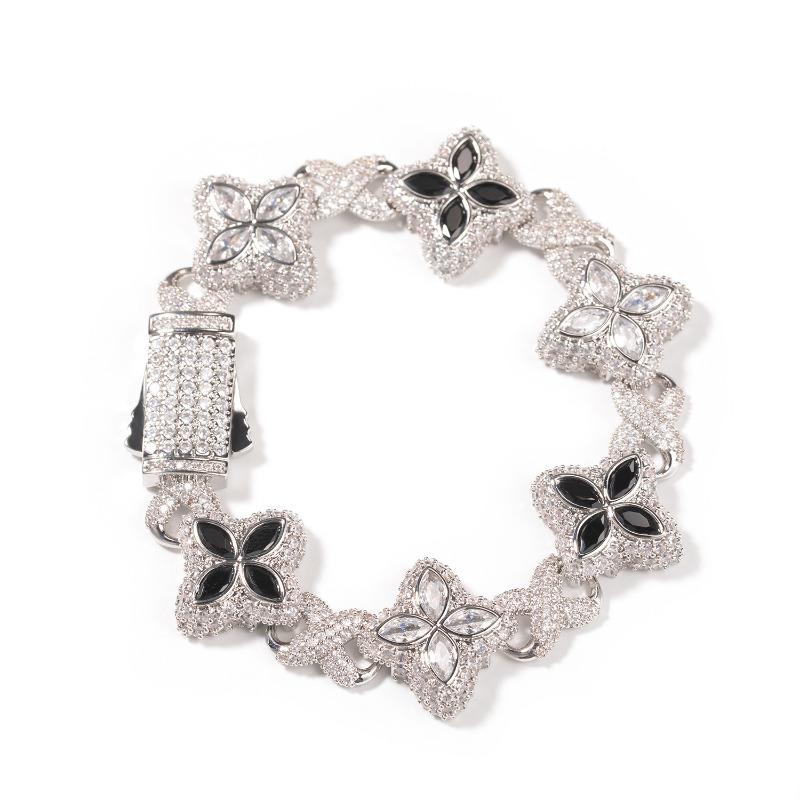 Hip-hop Rap Chain, Unlimited Four-leaf Clover Bracelet, Fashionable Cool Ruffian Handsome Premium 5A Zircon Color Necklace.