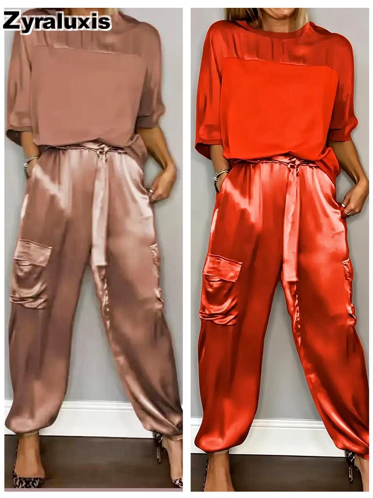 Women's Two Piece Set - Sleeveless Top & Pants, Solid Color Loose Casual Smooth Satin Pocketed Fashion Outfit