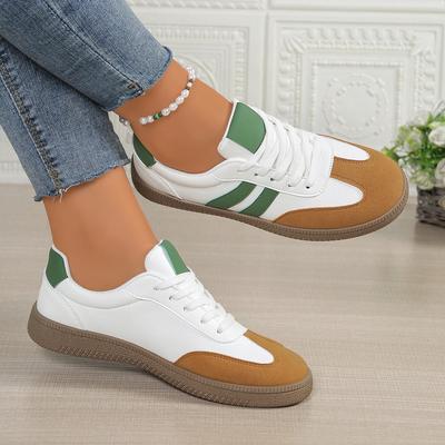 Ladies' Casual Sports Shoes - White Green Color Matching with Brown Ribbon, All Season Comfortable Low Cut Walking Shoes