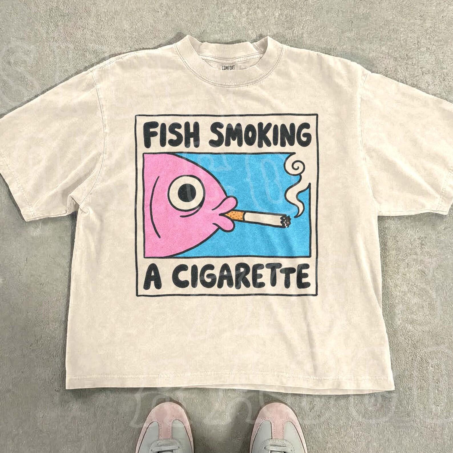 Weird Fish Smoking Tee Ironic Meme Shirt Absurd Humor Graphic T-shirt Sarcastic Gift For Teens Quirky Oddcore Retro Top S