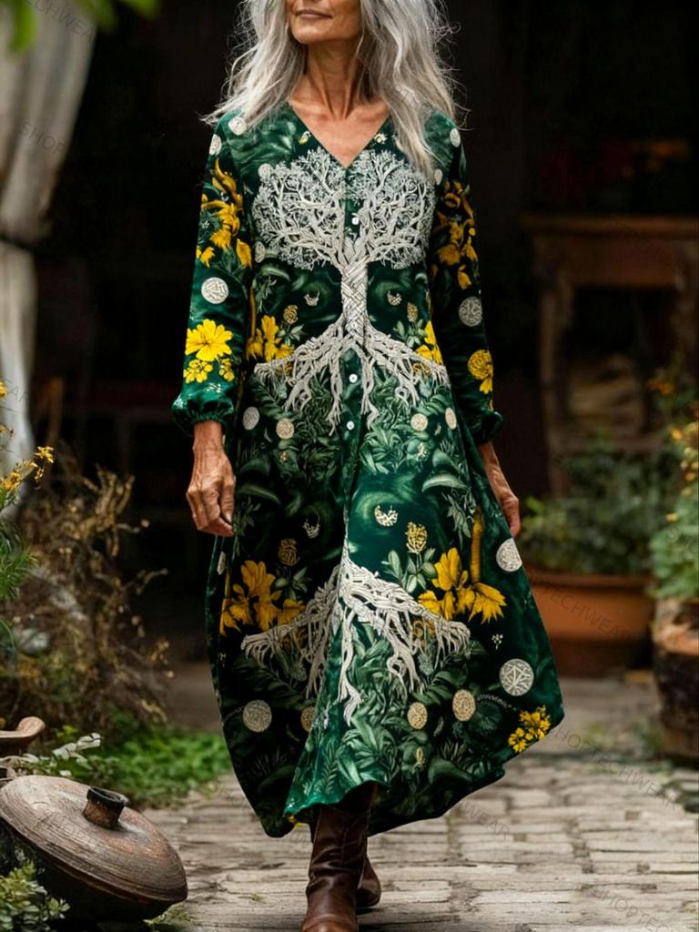 Slimming Long Sleeve Autumn Dress with Custom Digital Prints