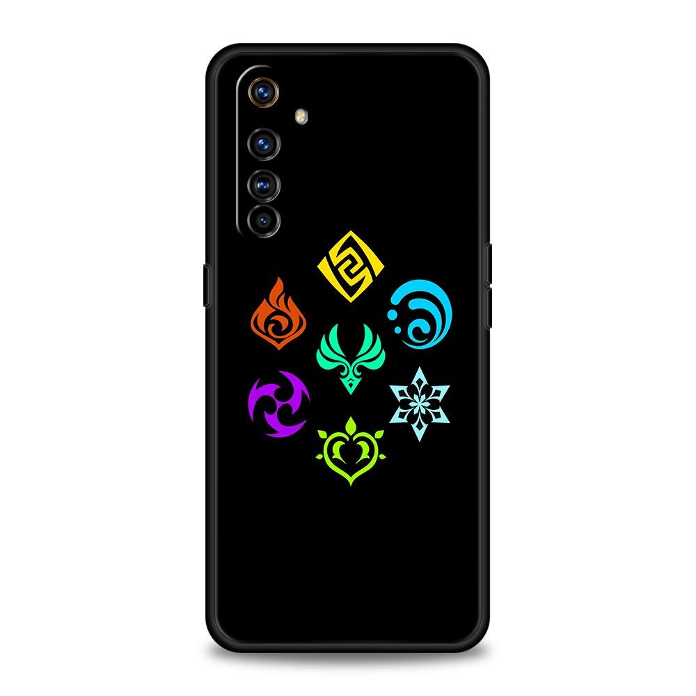 

Милый логотип Genshin impact для Realme 9i, роскошный чехол для телефона 9 8 5G GT2 7 6 Pro Plus 8i C21 C3 C11 C25, черный силиконовый чехол Realme C21