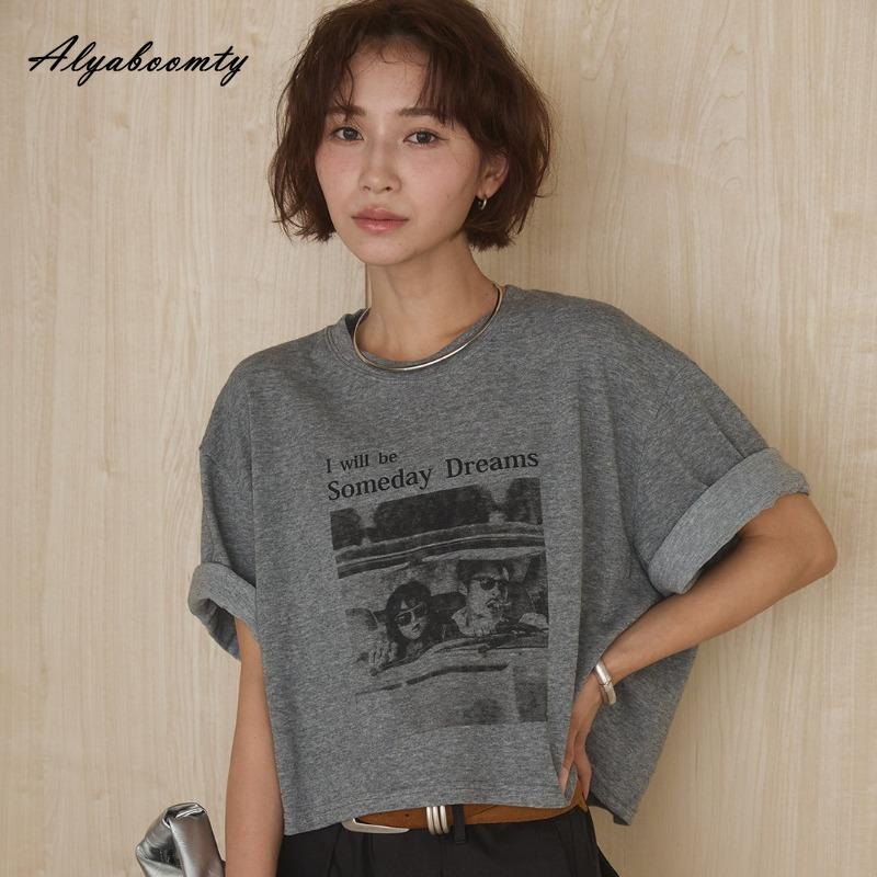 Korean Fashion Summer Women Basic Streetwear Tee O Neck English Letter Print Casual Loose Top Cotton Ladies' White Gray Light Khaki T-Shirt