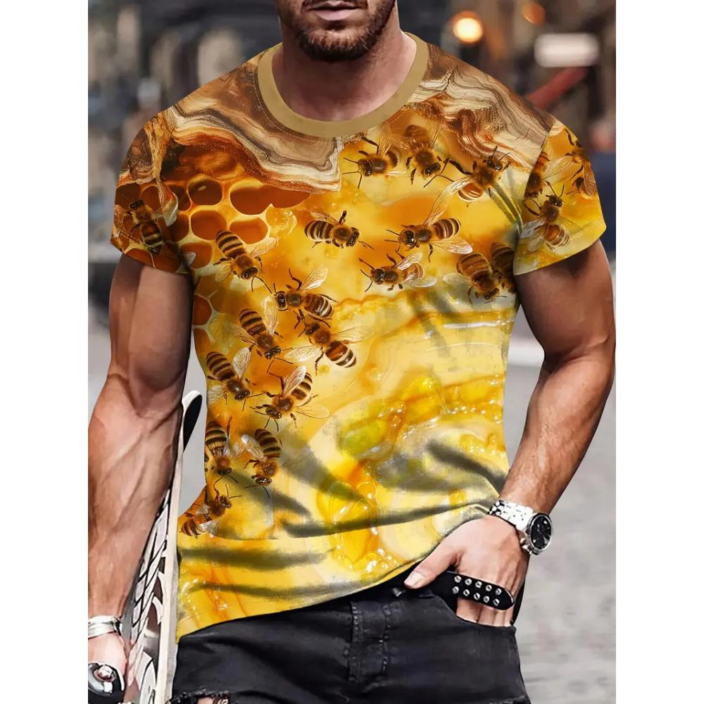 Men's Casual Honeycomb Bee Print T-Shirt Casual Round Neck Short Sleeve Tshirts Clothes New In Funny Bee Graphic T Shirts Tops