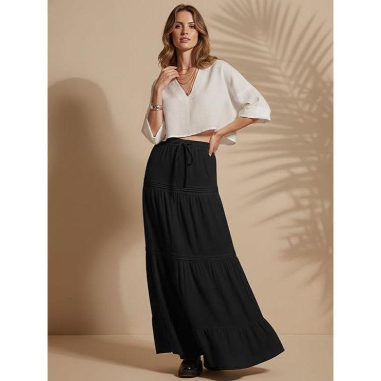 Jupe Maxi d'Été pour Femme à Volants sur l'Ourlet en PolyMélange | Jupes Longues Taille Haute | Jupe Unie Fluide Coupe A pour Toutes les Occasions | Style Bohème Élégant