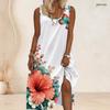 Women Plus Size Scoop Neck Sleeveless Floral Butterfly Printed White A Line Long Dress