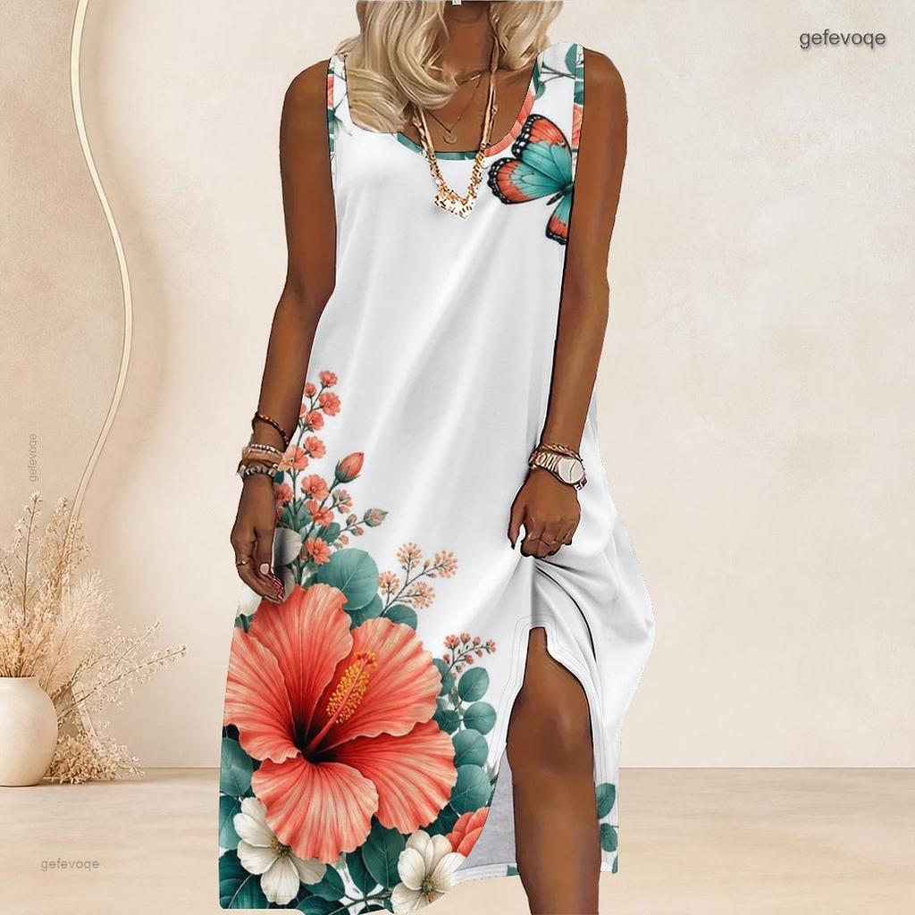 Women Plus Size Scoop Neck Sleeveless Floral Butterfly Printed White A Line Long Dress