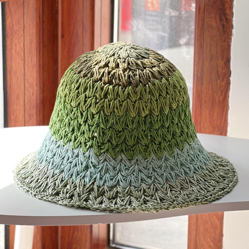 Lady Sweet Fresh Colors Gradient Weave Stripe Hollow Grass Sunscreen Bucket Beach Straw Hat