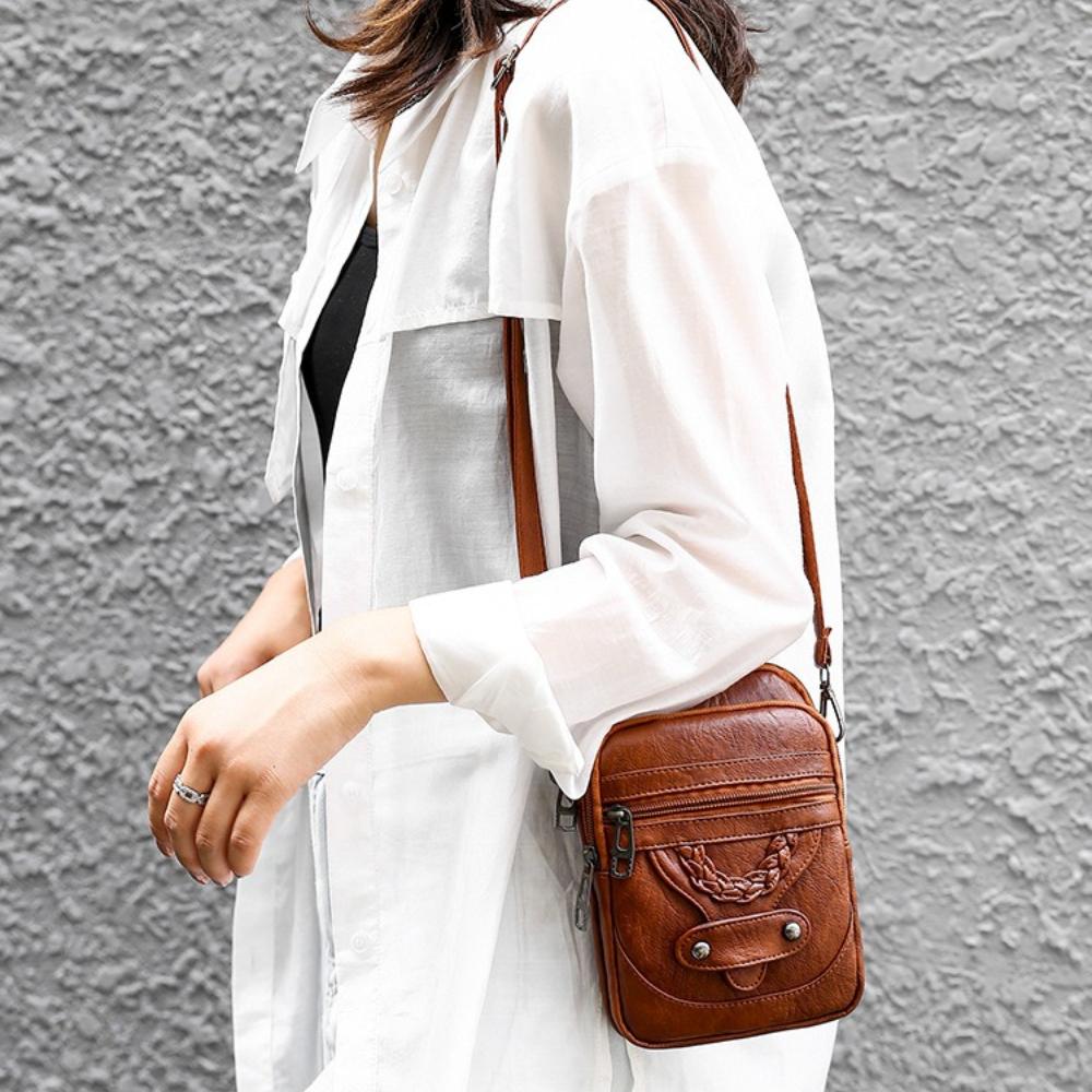 Women Vintage Soft Faux Leather Crossbody Phone Bag, Small Multi Zipper Pocket Shoulder Purse, Adjustable Strap Mini Handbag for Daily Travel Shopping