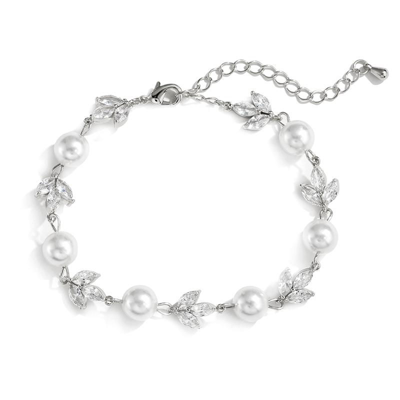 

Fashion Round Pearl Bracelets for Women Elegant Leaf Sparking Zircon Chain Bracelet Wedding Engagement Party Jewelry White