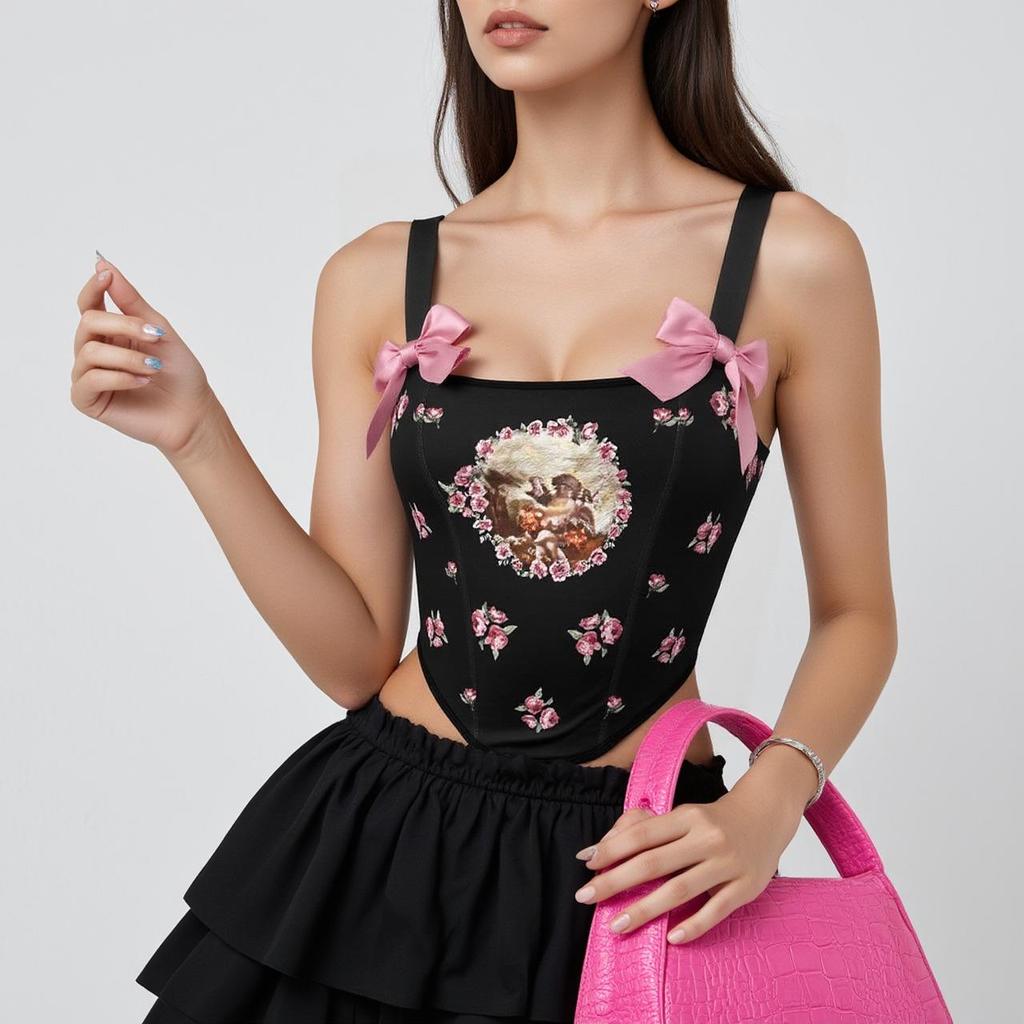 Fishbone Print Sexy Corset Camisole – European Style Backless Strappy Waist Cincher