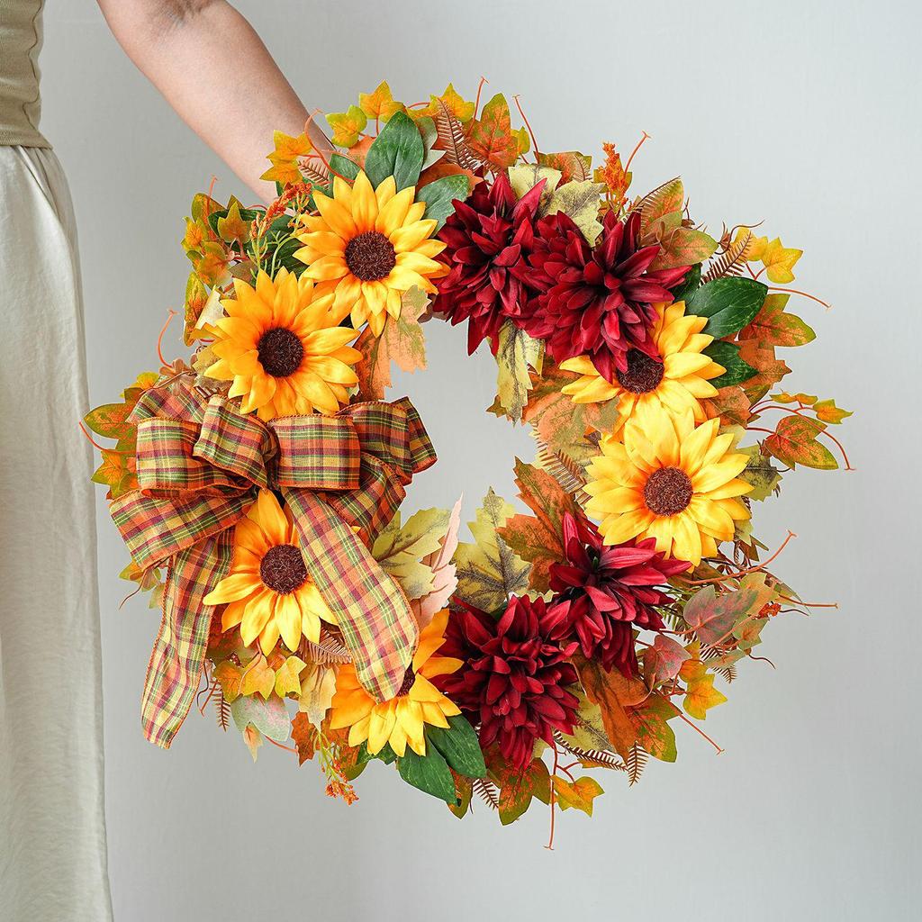 Autumn Harvest Sunflower & Maple Leaf Wreath for Thanksgiving Doorway Decoration